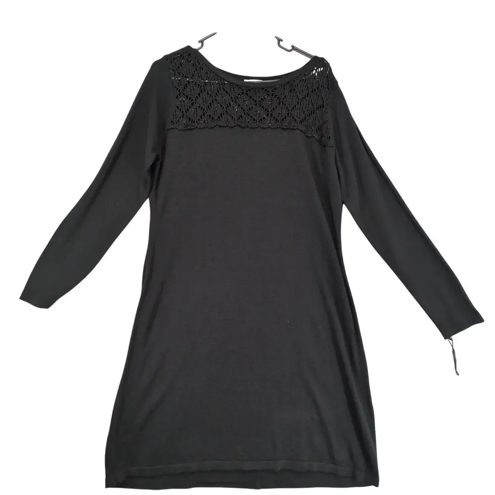 Calvin Klein Women's XL Black Knit Crochet Detail Dress, Long Sleeve, Whimsigoth